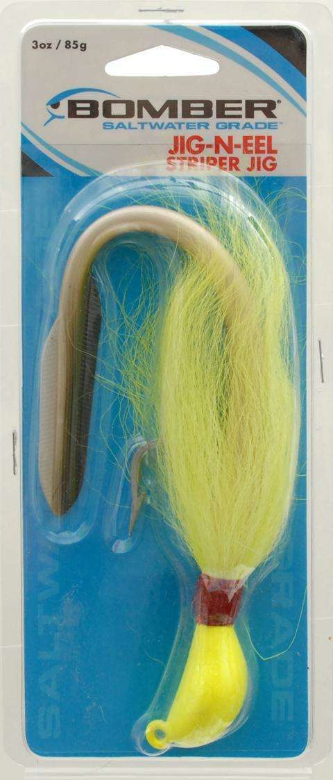 Bomber Lures Yellow Jig-N-Eel Striper Jig 3 Ounce - Large & Tough Size 8/0  Hooks