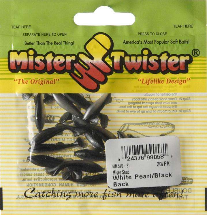 Mister Twister White Pearl/Black Micro Shad Bait 20 Pack 1'' - Perfect For  Trout